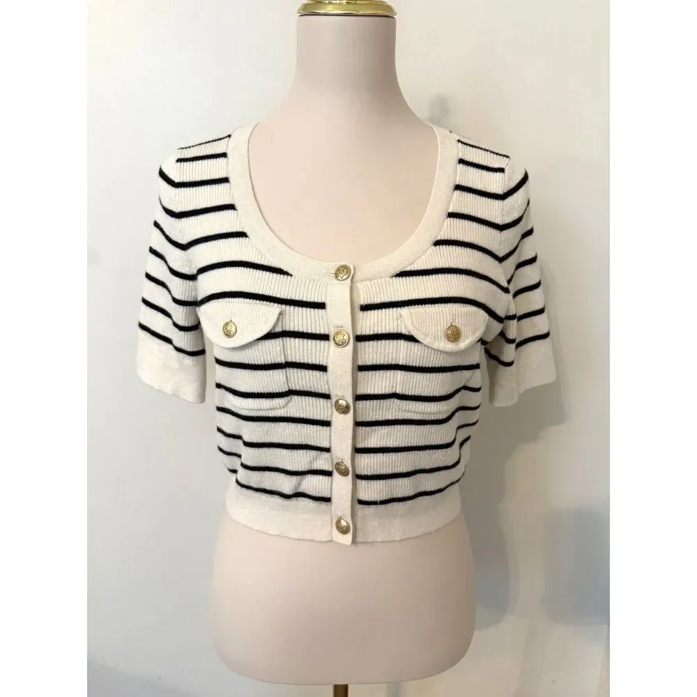 J.Crew Button-Up Sweater Tee Ivory Black Stripe Wool Linen Gold Buttons M